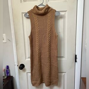 Tan knit sweater dress with turtleneck